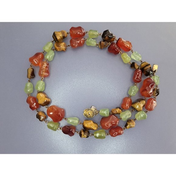 Vintage Signed LES BERNARD   Nat Stone Necklace Tigers Eye Jade Carnelian 36 in - Picture 3 of 9